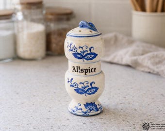 Vintage Arnart Blue Onion Allspice Jar Replacement | Blue & White Ceramic Spice Container | 1980s Farmhouse Kitchen Decor