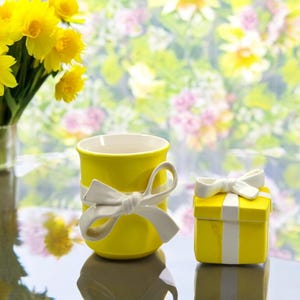 May include: A yellow ceramic mug with a white bow tied around the handle. Next to the mug is a small yellow gift box with a white ribbon and bow.