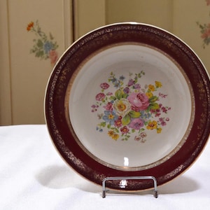Aristocrat by Salem – Encrusted Gold Vegetable Bowl with Maroon Band & Florals (1940s USA)