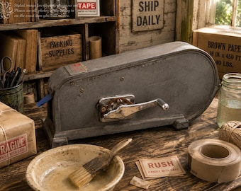May include: A vintage gray metal water-activated tape dispenser featuring a chrome hand crank on the side. The device has a rectangular body with rounded edges and a small metal plate on top. It is designed for dispensing adhesive paper tape.