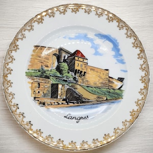 Stunning Limoges France Souvenir Plate – Elegant Langres Castle Scene, Green Stamp