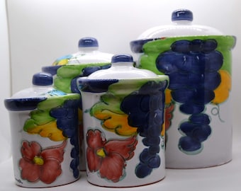 Set of 4 Handpainted Celina Canisters Jars with Lids - Colorful Grapes - Made in Portugal