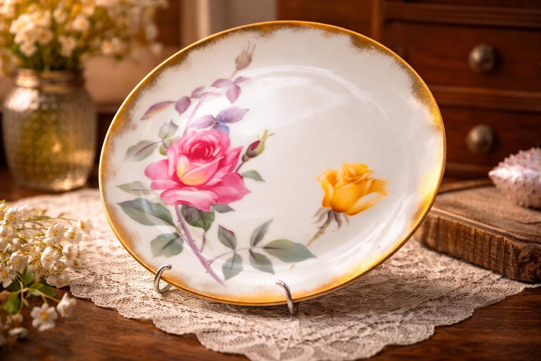 Lefton China Roses Vintage Lefton China Hand Painted Rose Plate 9.5” Gold Trim Floral ...