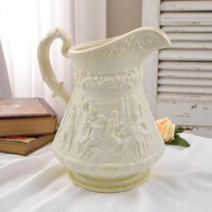 Antique Figural Relief Pitcher with Hand Grip Handle – Tam O’Shanter / Drunken Tavern Scene, Parian Ware Style