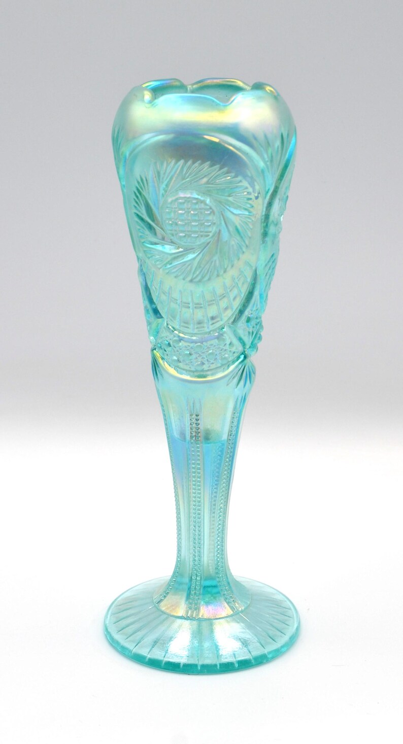 Fenton Pinwheel Aztec Vase – 95th Anniversary Carnival Glass Aquamarine ...