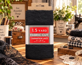 May include: A folded piece of black carnation lace fabric with a paper label that reads 1.5 YARD FABRIC CUT CARNATION LACE 54 x 58 IN 137.2 x 147.3 CM. The lace features a detailed floral pattern and is presented as a rectangular fabric bolt.