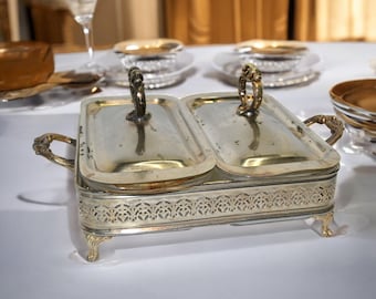 Vintage Silver-Plated Double Casserole Server with Glass Dishes – Timeless Elegance for Your Table