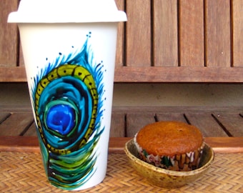 CERAMIC travel cup, ECO-FRIENDLY, hand painted-double walled, porcelain with silicone lid