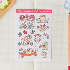 Folha de adesivos de morango | Adesivos para bullet journal, adesivos fofos para planner, adesivos para scrapbook, carta para amigo por correspondência | bolo, sobremesa, vermelho