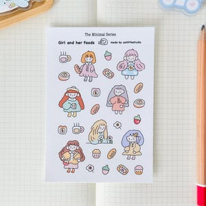 Hoja de pegatinas de Girls and her Foods / Pegatinas para Bullet Journal, Pegatinas bonitas para planificador, Pegatinas para álbumes de recortes, Carta a un amigo por correspondencia / Lindo, amante de la comida, carbohidratos