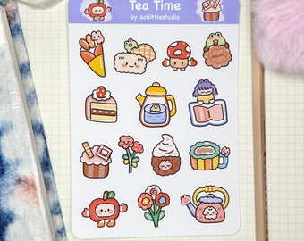 Tea Time Sticker Sheet | Bullet Journal Stickers, Cute Planner Stickers, Scrapbook Stickers, PenPal Letter | tea, cakes, desserts, cute art