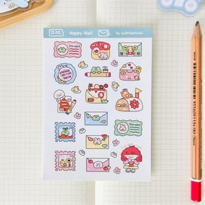 Folha de adesivos de correio feliz | Adesivos para bullet journal, adesivos fofos para planner, adesivos para scrapbook, carta para amigo por correspondência | correio tradicional, selo, correio