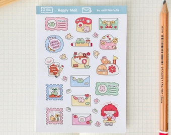 Happy Mail Sticker Sheet | Bullet Journal Stickers, Cute Planner Stickers, Scrapbook Stickers, PenPal Letter | snail mail, stamp, mail