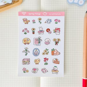 Folha de adesivos "Coisas de Primavera" | Adesivos para Bullet Journal, Adesivos Fofos para Planejador, Adesivos para Scrapbook, Carta para Amigo por Correspondência | Pastel, Rabiscos Fofos