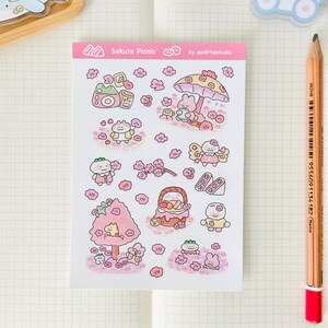 Adesivos para piquenique Sakura | Adesivos para bullet journal, adesivos fofos para planner, adesivos para scrapbook, carta para amigo por correspondência | flores de cerejeira, piquenique