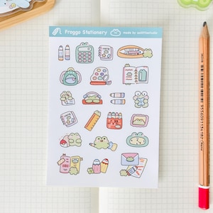 Folha de adesivos de papelaria Froggo | Adesivos de diário de marcadores, adesivos fofos de planejador, adesivos de scrapbook, carta PenPal | volta às aulas, fofo