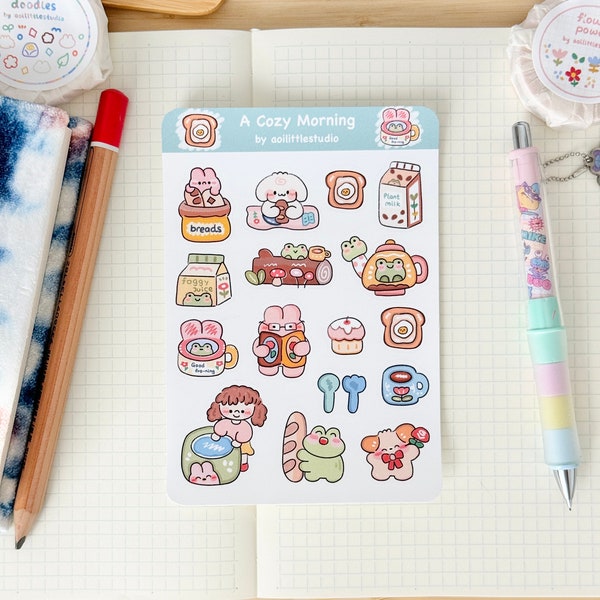 A Cozy Morning Sticker Sheet | Bullet Journal Stickers, Cute Planner Stickers, Scrapbook Stickers, PenPal Letter | cute breakfast art