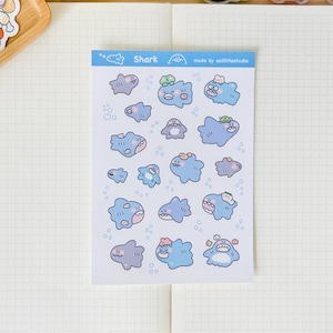 Shark Sticker Sheet | Bullet Journal Stickers, Cute Planner Stickers, Scrapbook Stickers, PenPal Letter | sea animal, cute, shark, sharkie