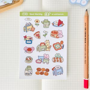 Hoja de pegatinas de buenos días / Pegatinas para bullet journal, Pegatinas bonitas para planificador, Pegatinas para álbumes de recortes, Carta a un amigo por correspondencia / desayuno, tostadas, mermelada