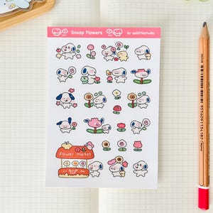 Adesivos de flores do Snoop | Adesivos para bullet journal, adesivos fofos para planner, adesivos para scrapbook, carta para amigo por correspondência | cachorrinho fofo, flores