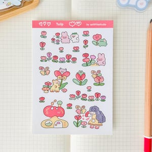 Hoja de pegatinas de tulipanes / Pegatinas para Bullet Journal, Pegatinas bonitas para planificador, Pegatinas para álbumes de recortes, Carta de amigo por correspondencia / flores, floral, animales lindos
