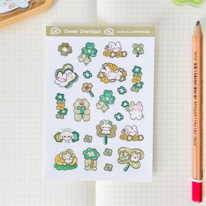 Hoja de pegatinas con sobrecarga de trébol / Pegatinas para Bullet Journal, Pegatinas bonitas para planificador, Pegatinas para álbumes de recortes, Carta para amigos por correspondencia / trébol, bonito, verde