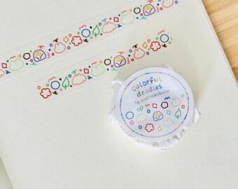 Washi Tape [Colorful Doodles] | Unique | Colorful | 10m x 15mm | Cute Washi Tape, Journaling Tape, Stationery Tape, Doodles Washi Tape