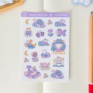 Folha de adesivos de céu estrelado celestial | Adesivos para bullet journal, adesivos fofos para planner, adesivos para scrapbook, carta para amigo por correspondência | celestial, roxo