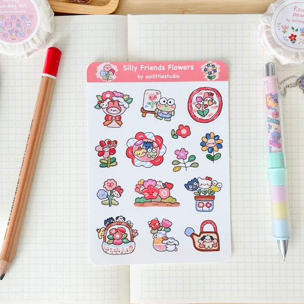 Silly Friends Flowers Sticker Sheet | Bullet Journal Stickers, Cute Planner Stickers, Scrapbook Stickers, PenPal Letter | silly art, flowers