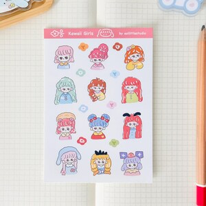 Hoja de pegatinas de chicas kawaii / pegatinas para bullet journal, pegatinas lindas para planificador, pegatinas para scrapbooking, cartas de amigos por correspondencia / decoración, pequeñas, lindas, chibi