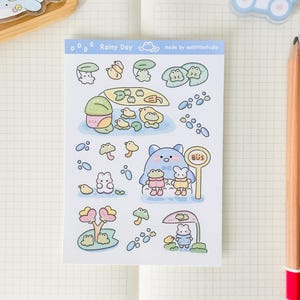 Folha de adesivos para dias chuvosos | Adesivos para diário de marcadores, adesivos fofos para planejadores, adesivos para scrapbook, carta para amigo por correspondência | dia chuvoso, sapo, pato, lagoa