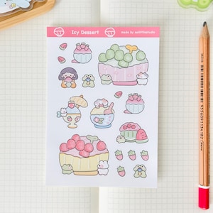 Folha de adesivos de sobremesa gelada | Adesivos de diário de marcadores, adesivos fofos de planejador, adesivos de scrapbook, carta de amigo por correspondência | bingsu, cone de neve, gelo