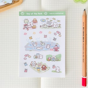 Folha de adesivos do dia no parque | Adesivos de diário de marcadores, adesivos fofos de planejador, adesivos de scrapbook, carta de amigo por correspondência | piquenique, leitura, frisbee