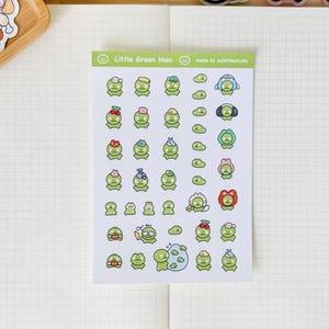 Little Green Man Sticker Sheet | Bullet Journal Stickers, Cute Planner Stickers, Scrapbook Stickers, PenPal Letter | green, tiny character