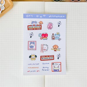 BT21 Illustrated OT7 Sticker Sheet | Bullet Journal Stickers, Cute Planner Stickers, Scrapbook Stickers, PenPal Letter | soft colors, music