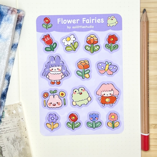 Flower Fairies Sticker Sheet | Bullet Journal Stickers, Cute Planner Stickers, Scrapbook Stickers, PenPal Letter | flower, fairy, purple