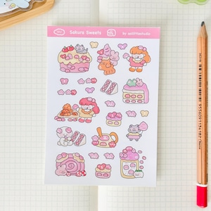 Adesivos de doces Sakura | Adesivos para bullet journal, adesivos fofos para planner, adesivos para scrapbook, carta para amigo por correspondência | flores de cerejeira, sobremesas