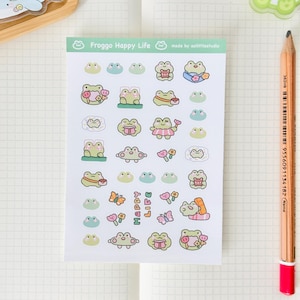Froggo Happy Life Sticker Sheet | Adesivos de Bullet Journal, Adesivos de Planejador Bonitos, Adesivos de Scrapbook, Carta de PenPal | deco, pequeno, fofo