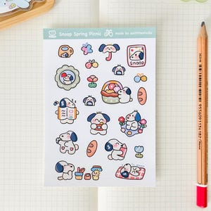 Adesivos para piquenique de primavera do Snoop | Adesivos para bullet journal, adesivos fofos para planner, adesivos para scrapbook, carta para amigo por correspondência | cachorrinho fofo, piquenique