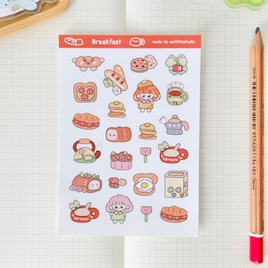 Hoja de pegatinas de desayuno / Pegatinas para Bullet Journal, Pegatinas lindas para planificador, Pegatinas para álbumes de recortes, Carta de PenPal / decoración, Pequeña, linda, amante de la comida