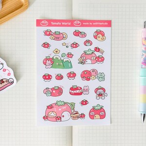 Folha de adesivos do mundo do tomate | Adesivos de diário de marcadores, adesivos fofos para planejadores, adesivos de scrapbook, carta PenPal | fruta, fofo, vermelho, tomate