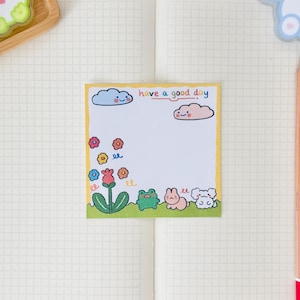 Fogli di promemoria "Buona giornata" / 20 fogli di promemoria sciolti / Carta per appunti / Estetica / Fatta a mano / Tagliata a mano / Fiore, Coniglio, Rana, Cucciolo, Arte carina