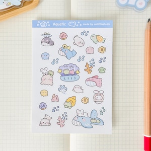Aqua Sticker Bogen | Bullet Journal Aufkleber, Niedliche Planer Aufkleber, Scrapbook Aufkleber, PenPal Buchstabe | ozean, leben im meer, meeresbewohner