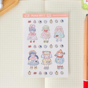 Folha de adesivos Plushie Girl 1 | Adesivos para Bullet Journal, Adesivos fofos para planner, Adesivos para scrapbook, Carta para penpal | pelúcia, fofa, desenho artístico