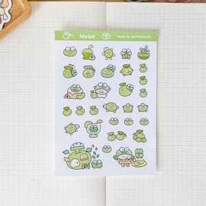 Melon Sticker Sheet | Bullet Journal Stickers, Cute Planner Stickers, Scrapbook Stickers, PenPal Letter | green, fruits, froggo, turtle