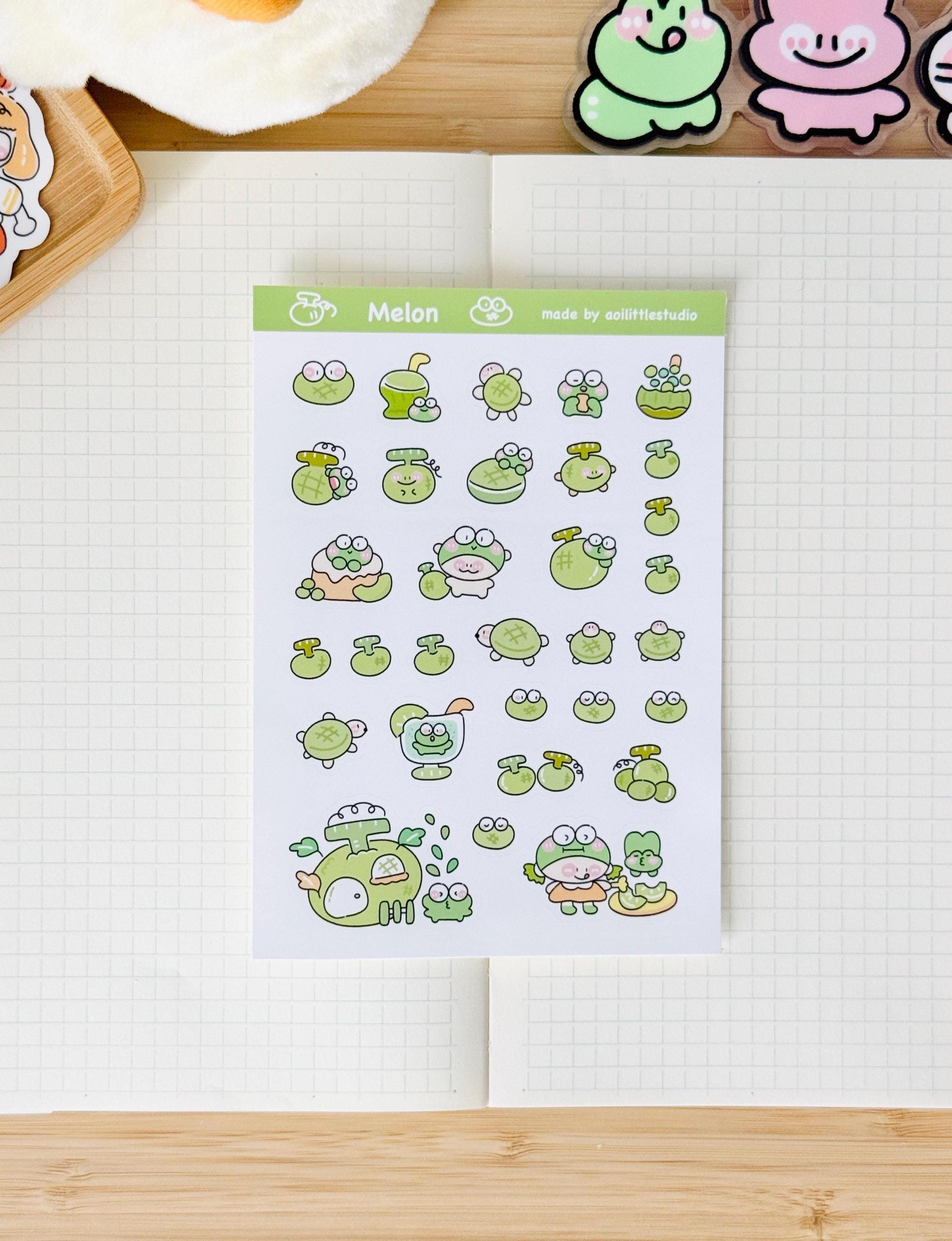 Melon Sticker Sheet | Bullet Journal Stickers, Cute Planner Stickers, Scrapbook Stickers, PenPal Letter | green, fruits, froggo, turtle