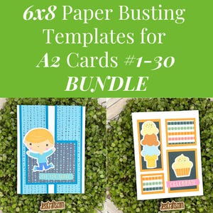 May include: Two 6x8 inch paper card templates for A2 cards. The first card features a blue and white polka dot pattern with a boy character and the text "Yay for Today". The second card features a multi-colored pattern with a cupcake and ice cream cone and the text "Celebrate".