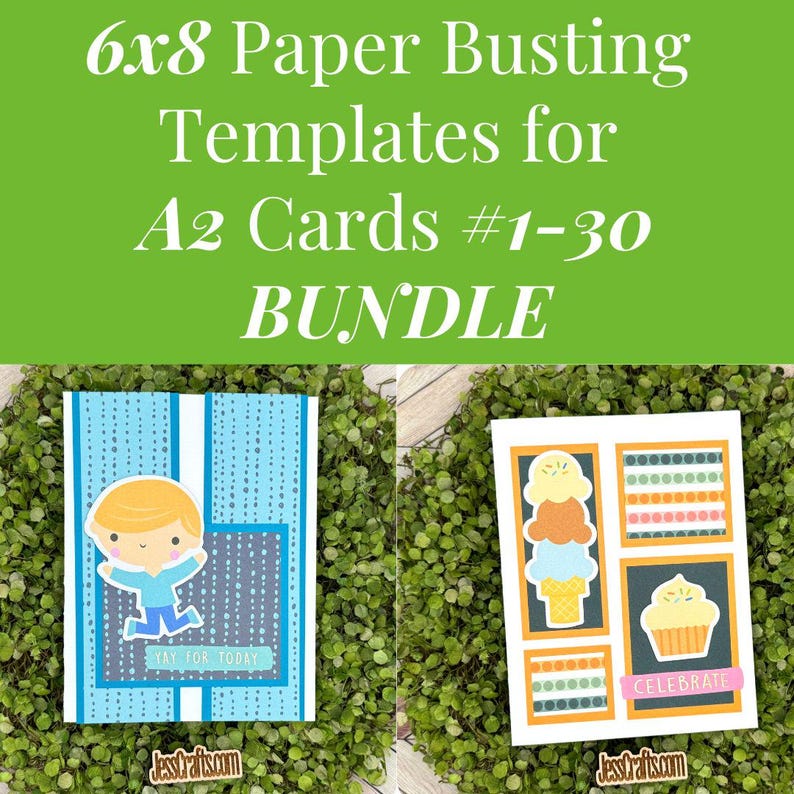 Puede incluir: Dos plantillas de tarjetas de papel de 6x8 pulgadas para tarjetas A2. La primera tarjeta presenta un patr&oacute;n de lunares azules y blancos con un personaje de ni&ntilde;o y el texto "Yay for Today". La segunda tarjeta presenta un patr&oacute;n multicolor con un cupcake y un cono de helado y el texto "Celebrate".