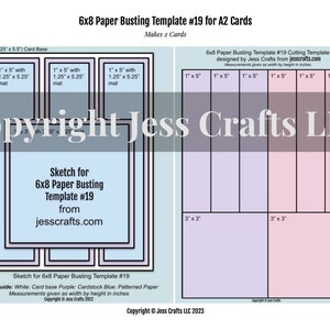 Puede incluir: Una plantilla imprimible para hacer tarjetas A2 usando el m&eacute;todo de "paper busting" con papel de 6x8 pulgadas. La plantilla est&aacute; dividida en secciones con medidas en pulgadas. La plantilla est&aacute; dise&ntilde;ada para hacer dos tarjetas. La plantilla es de Jess Crafts.