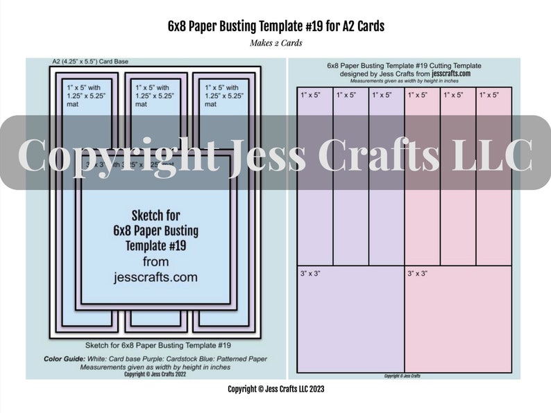 Puede incluir: Una plantilla imprimible para hacer tarjetas A2 usando el m&eacute;todo de "paper busting" con papel de 6x8 pulgadas. La plantilla est&aacute; dividida en secciones con medidas en pulgadas. La plantilla est&aacute; dise&ntilde;ada para hacer dos tarjetas. La plantilla es de Jess Crafts.